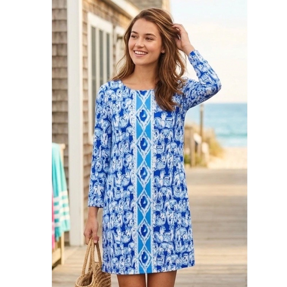 Lilly Pulitzer | Blue White Elephant Ikat Lattice 3/4 Sleeve Back Shift Dress, L